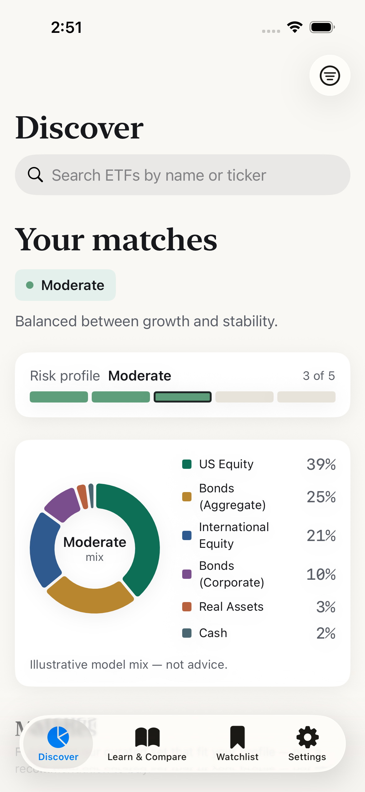 WhatETF Discover screen showing the matches view for a Moderate profile, with a risk meter and an illustrative asset-mix donut.