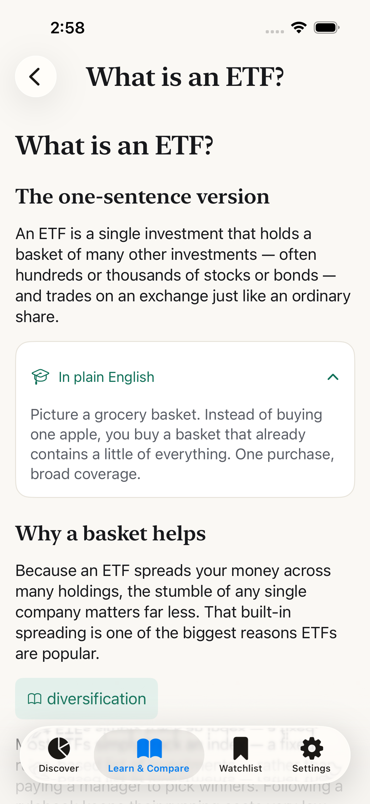 WhatETF Learn hub showing an ETF glossary and explainer articles that define expense ratio, AUM, tracking error, and other jargon in plain English.