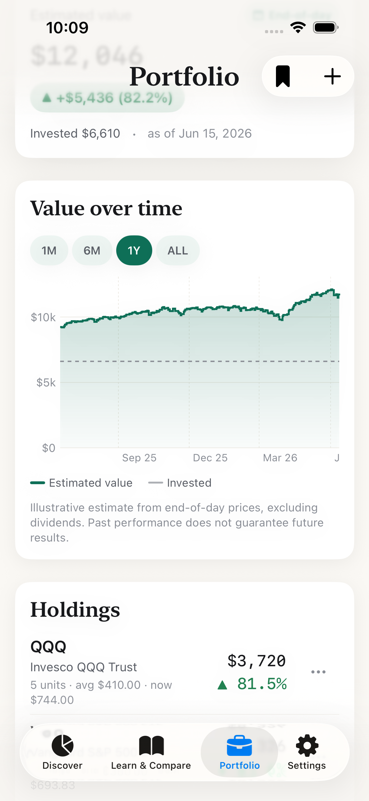 WhatETF Portfolio dashboard showing an estimated total value at the top and a value-over-time chart tracking how the holdings have changed, with an 'as of' end-of-day date.