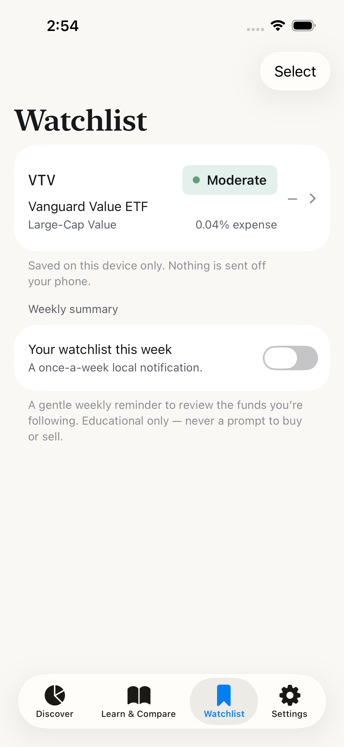 WhatETF watchlist screen listing saved ETFs with their end-of-day price changes, so you can keep an eye on the funds you're learning about.