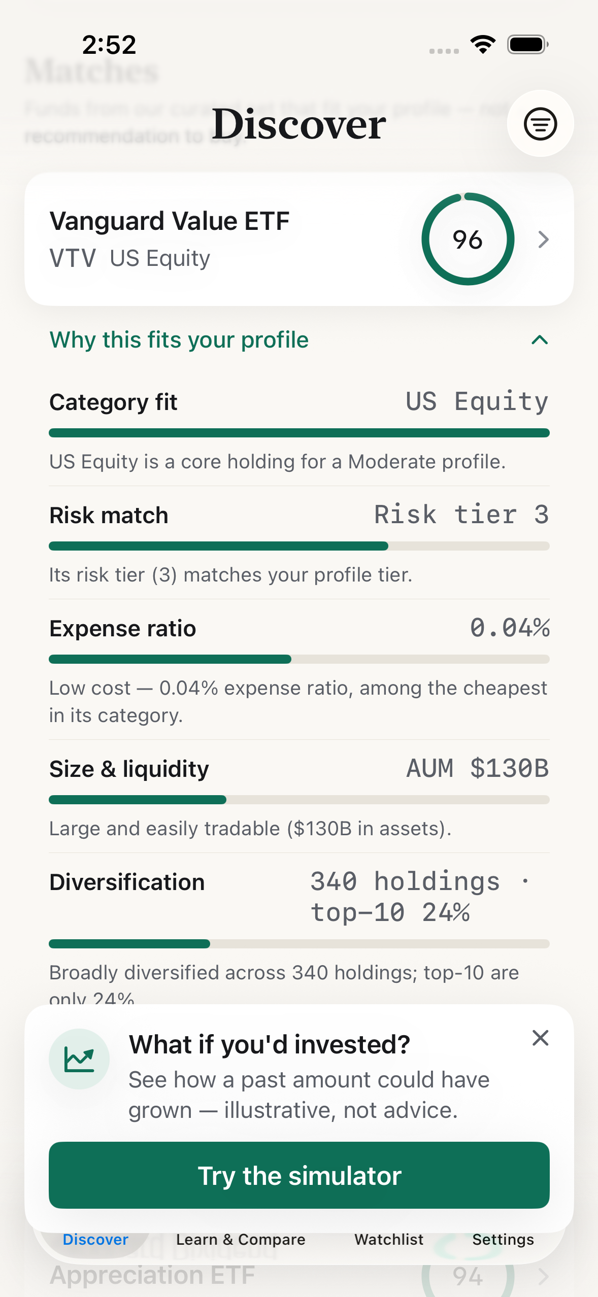 WhatETF 'Why this fits your profile' screen for Vanguard Value ETF, showing a fit score of 96 and a factor-by-factor breakdown: Category fit, Risk match, Expense ratio, Size and liquidity, and Diversification.
